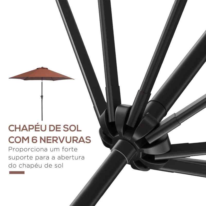 Outsunny Chapéu de Sol de Jardim Ø260x235cm de Alumínio Reclinável com Manivela e 6 Hastes para Terraço Exterior Varanda Café