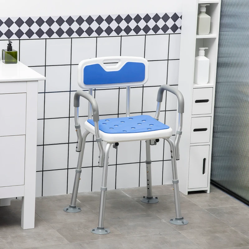 HOMCOM EVA Padded Shower Chair for the Elderly and Disabled, Height Adjustable Shower Stool with Back and Arms, 4 Suction Foot Pads, Blue(m-2)