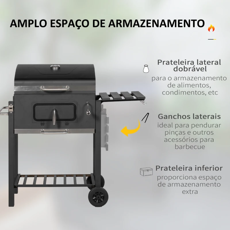 Outsunny Barbecue a Carvão com Rodas Tampa Grelhas de Aço Inoxidável Termômetro Bandeja Lateral e Prateleira 113x65x108 cm Preto