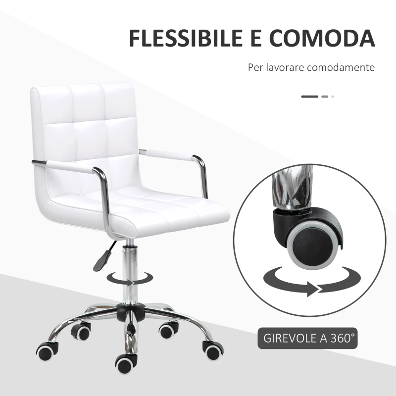 HOMCOM Sedia da Ufficio in pelle PU Bianca con 5 Ruote Girevoli, Imbottitura e Altezza Regolabile, 52.5x54x84-99cm
