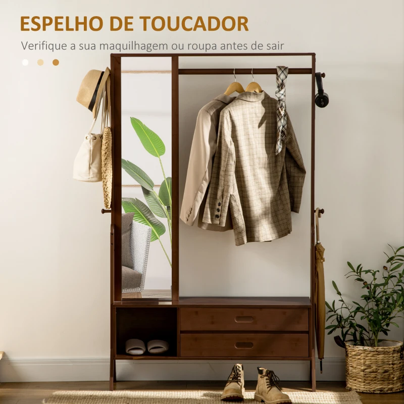 HOMCOM Móvel Cabide de Entrada com Banco Espelho 2 Gavetas 4 Ganchos Barra e Compartimento de Armazenamento 113x33x169,5cm Marrom