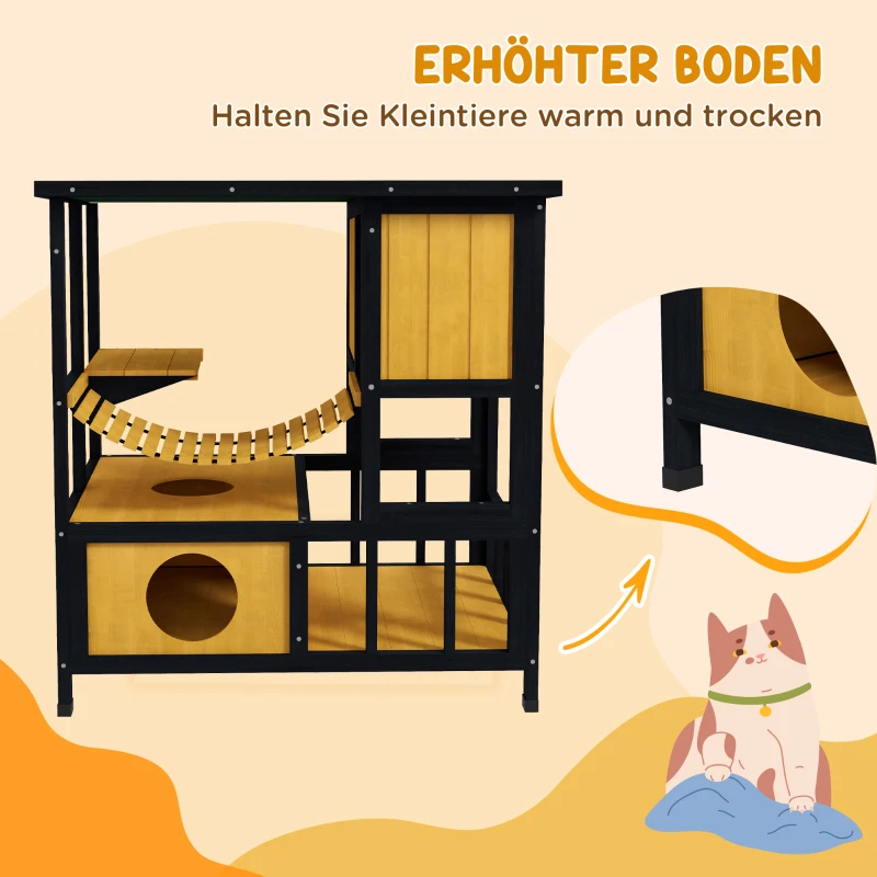 PawHut Dom dla Kotów Kocia Jama, odporny na warunki atmosferyczne, 1 rampa, 1 platforma, 84,5 x 60 x 88 cm, Zielony + Naturalny