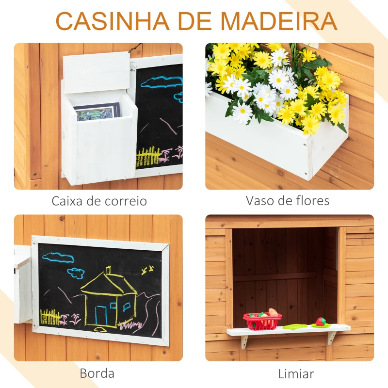 Outsunny Casa Infantil de Madeira Casa de Brincar para Crianças acima de 3 Anos com Banco Caixa de Correio Lousa Janelas e Portas para Exterior 122x108x135,5cm Natural