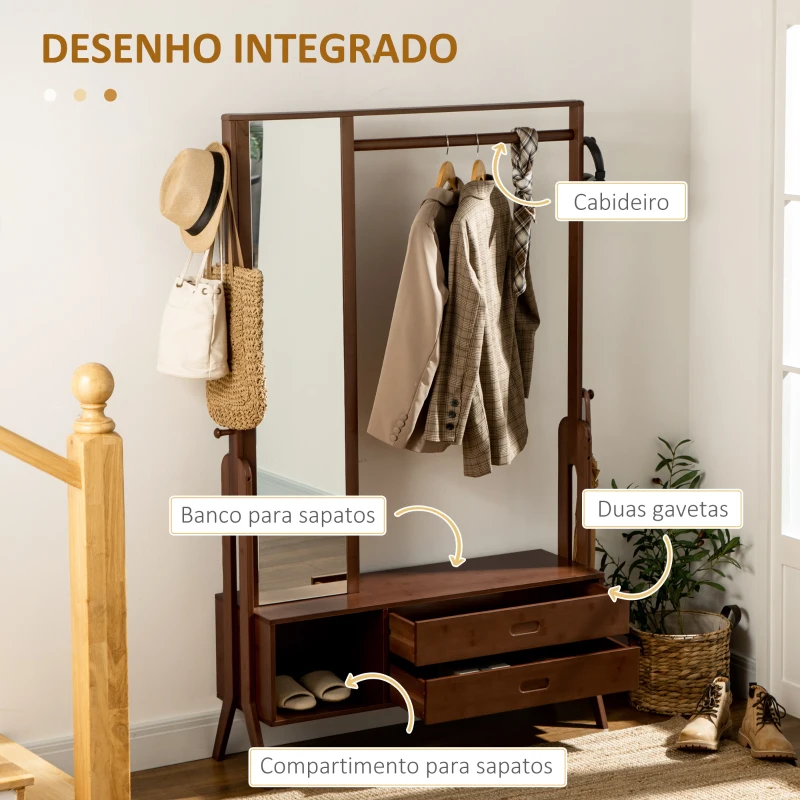 HOMCOM Móvel Cabide de Entrada com Banco Espelho 2 Gavetas 4 Ganchos Barra e Compartimento de Armazenamento 113x33x169,5cm Marrom