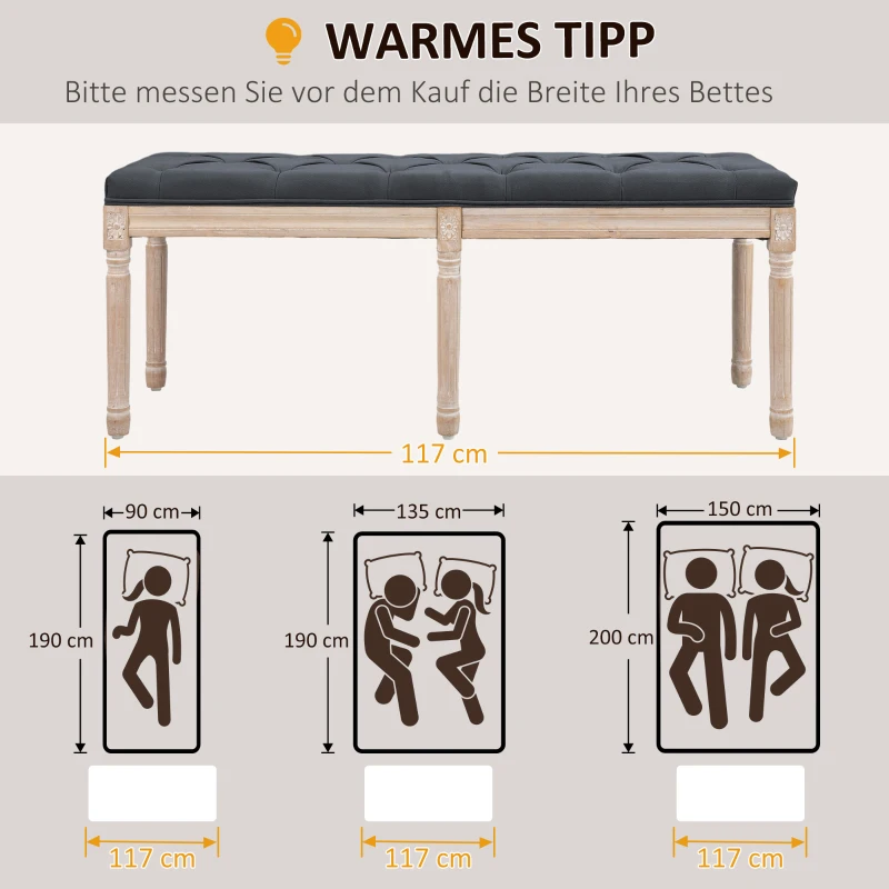 HOMCOM Tapicerowana ławka w stylu vintage, łóżkowa ławka sypialniana z guzikami, wykończenie lniane, wytrzymała do 120 kg, 117x40x48cm, ciemnoszara