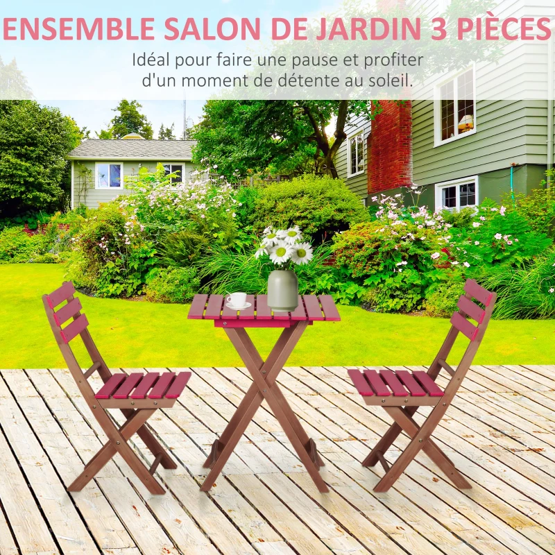 Outsunny Ensemble bistro de jardin 3 pièces avec 1 table et 2 chaises pliantes en bois de pin - rouge