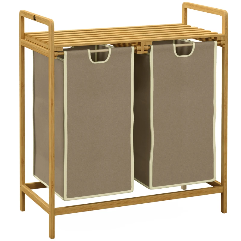 HOMCOM Kosz na bieliznę z 2 workami na pranie, 1 półką, bambus, 63,5 cm x 33 cm x 73 cm, Jasnoszary + Naturalny