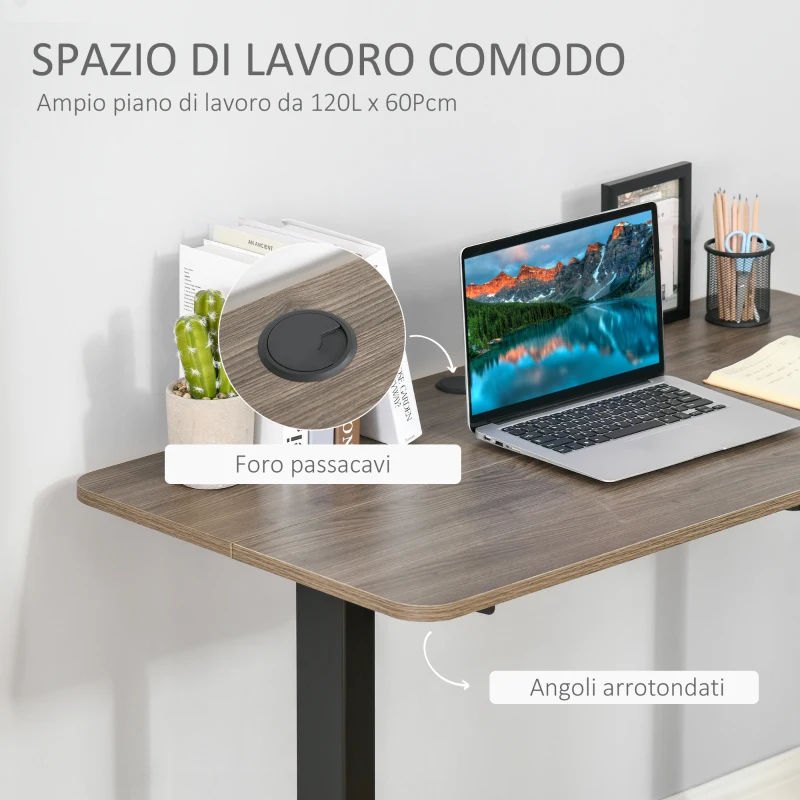 Vinsetto Scrivania Sollevabile a 4 Altezze con Design Anticollisione, Scrivania Porta PC con Regolazione Elettrica, Metallo Nero Legno Teak