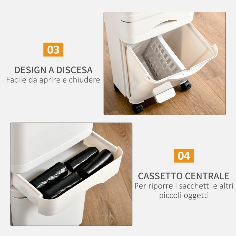 HOMCOM Pattumiera Differenziata a Pedale per Cucina, Capienza 45L, 4 Scomparti e 4 Ruote in Plastica PP Bianca, 42x29x83cm