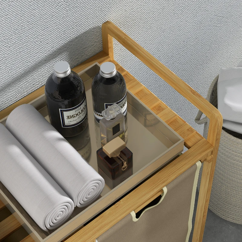 HOMCOM Kosz na bieliznę z 2 workami na pranie, 1 półką, bambus, 63,5 cm x 33 cm x 73 cm, Jasnoszary + Naturalny