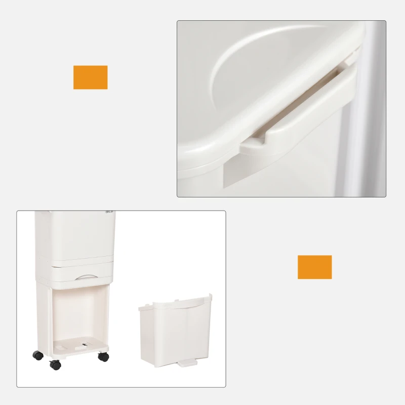 HOMCOM Pattumiera Differenziata a Pedale per Cucina, Capienza 45L, 4 Scomparti e 4 Ruote in Plastica PP Bianca, 42x29x83cm