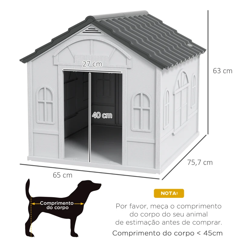 PawHut Casa para Cães 65x75,7x63 cm Casa para Cães com Janelas e Teto com Telhas de Imitação para Cães Médios Cinza e Branco