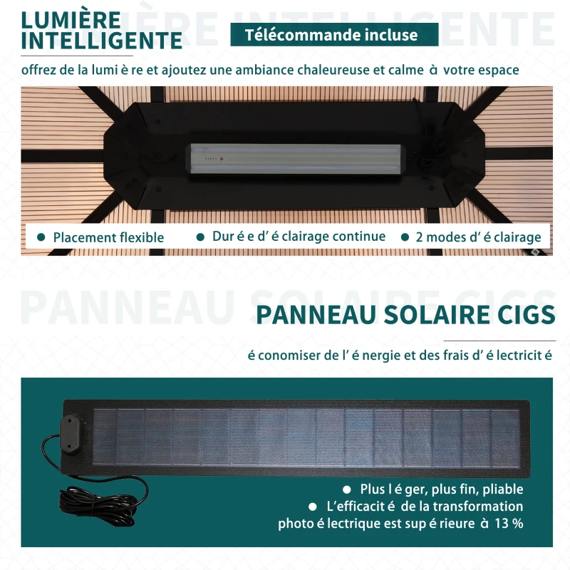 Outsunny Pavillon de jardin tonnelle rigide 4 x 3 m 4 parois latérales anti-UV beige 4 moustiquaires zippées éclairage LED solaire alu polycarbonate noir marron