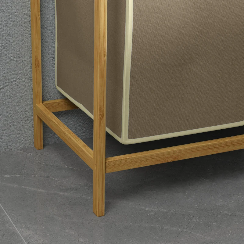 HOMCOM Kosz na bieliznę z 2 workami na pranie, 1 półką, bambus, 63,5 cm x 33 cm x 73 cm, Jasnoszary + Naturalny