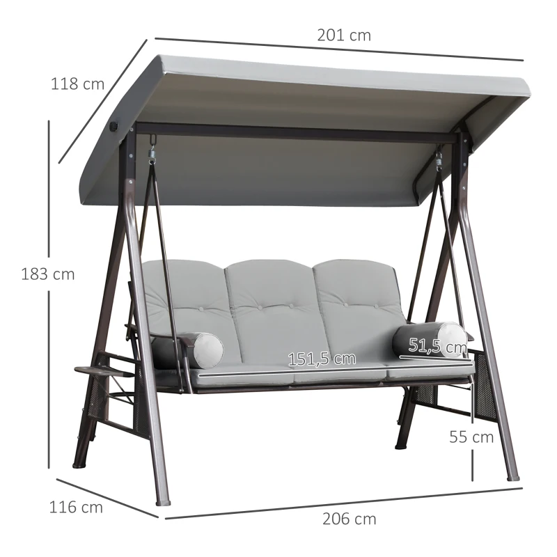 Outsunny Banco Baloiço de Jardim de 3 Lugares com Teto 2 Almofadas Suporte para Bebidas e Estrutura de Metal para Terraço Balcão Exterior Carga Máxima 360kg 206x116x183cm Cinza