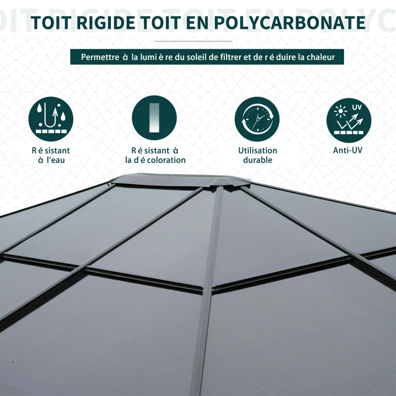 Outsunny Pavillon de jardin tonnelle rigide 4 x 3 m 4 parois latérales anti-UV beige 4 moustiquaires zippées éclairage LED solaire alu polycarbonate noir marron