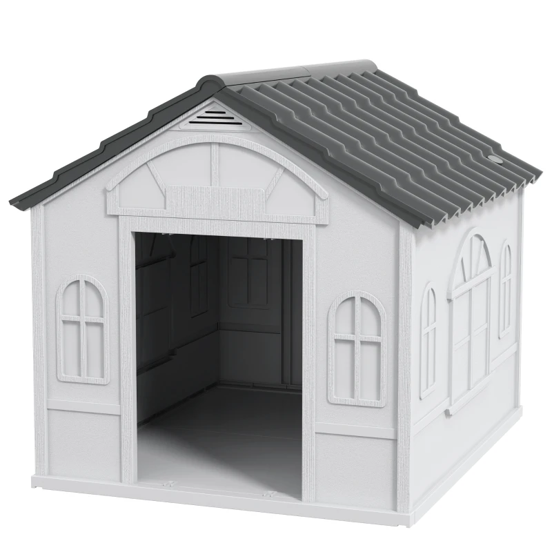 PawHut Casa para Cães 65x75,7x63 cm Casa para Cães com Janelas e Teto com Telhas de Imitação para Cães Médios Cinza e Branco