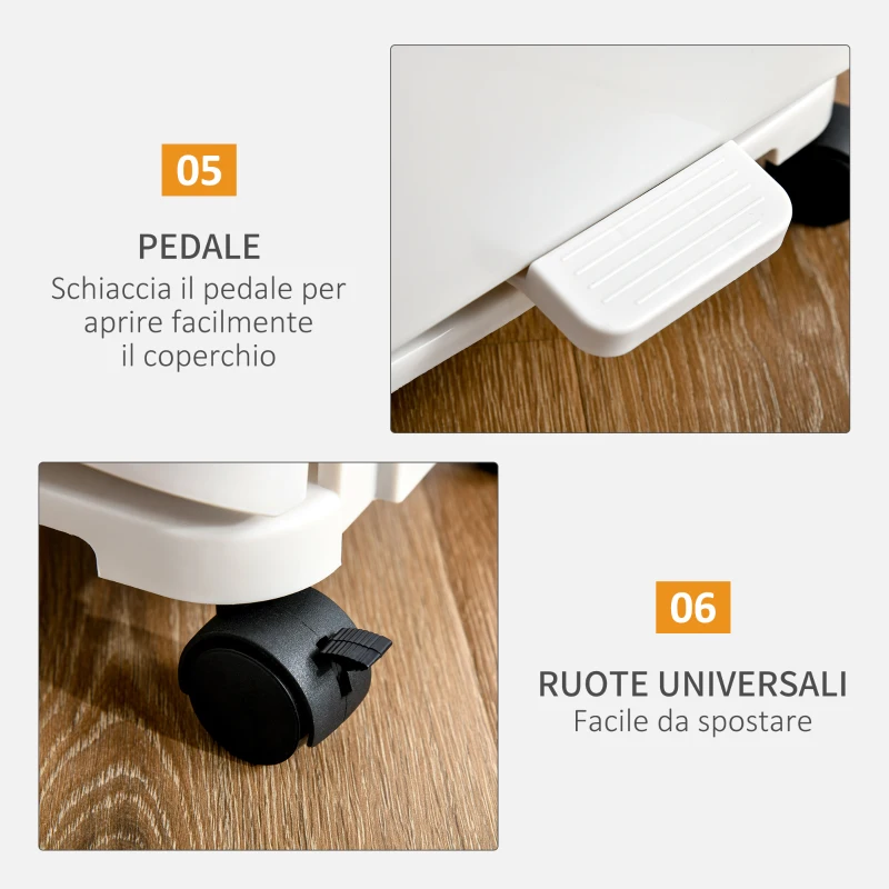 HOMCOM Pattumiera Differenziata a Pedale per Cucina, Capienza 45L, 4 Scomparti e 4 Ruote in Plastica PP Bianca, 42x29x83cm