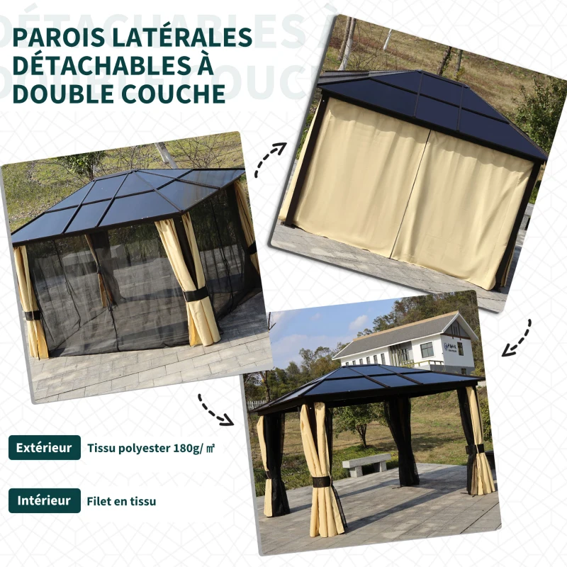 Outsunny Pavillon de jardin tonnelle rigide 4 x 3 m 4 parois latérales anti-UV beige 4 moustiquaires zippées éclairage LED solaire alu polycarbonate noir marron
