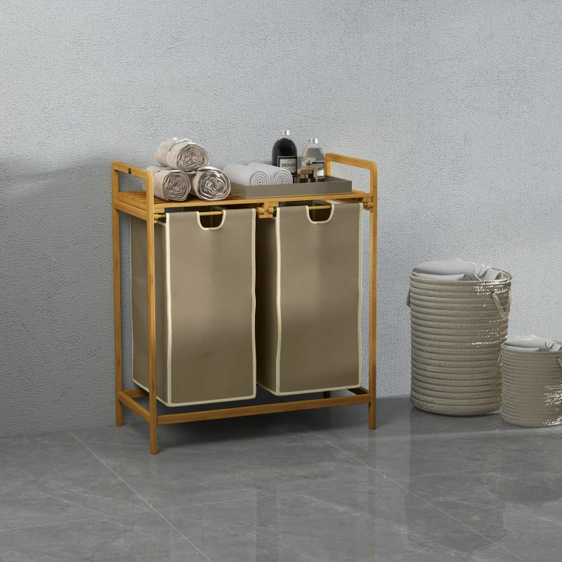 HOMCOM Kosz na bieliznę z 2 workami na pranie, 1 półką, bambus, 63,5 cm x 33 cm x 73 cm, Jasnoszary + Naturalny