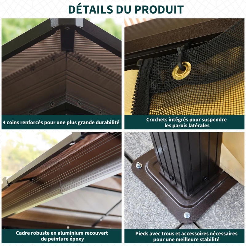 Outsunny Pavillon de jardin tonnelle rigide 4 x 3 m 4 parois latérales anti-UV beige 4 moustiquaires zippées éclairage LED solaire alu polycarbonate noir marron