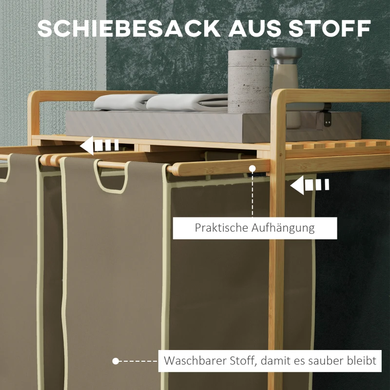 HOMCOM Kosz na bieliznę z 2 workami na pranie, 1 półką, bambus, 63,5 cm x 33 cm x 73 cm, Jasnoszary + Naturalny