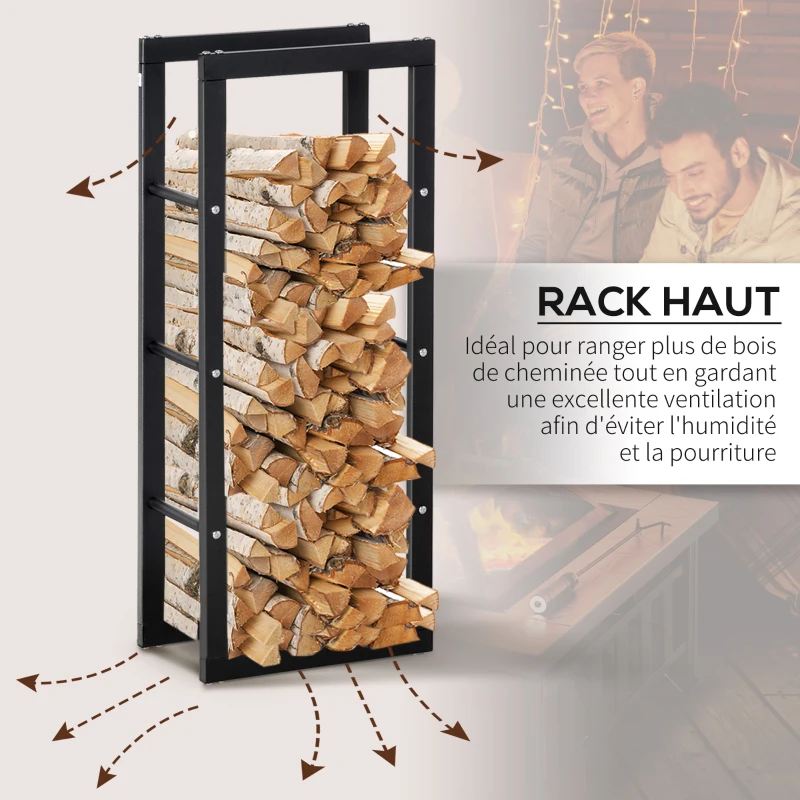 Outsunny Brasero Cheminée Grille à Charbon Couvercle Tisonnier Métal Noir + Etagère Porte Bois de Cheminée Porte-bûches Charge Max. 100 Kg Métal Noir