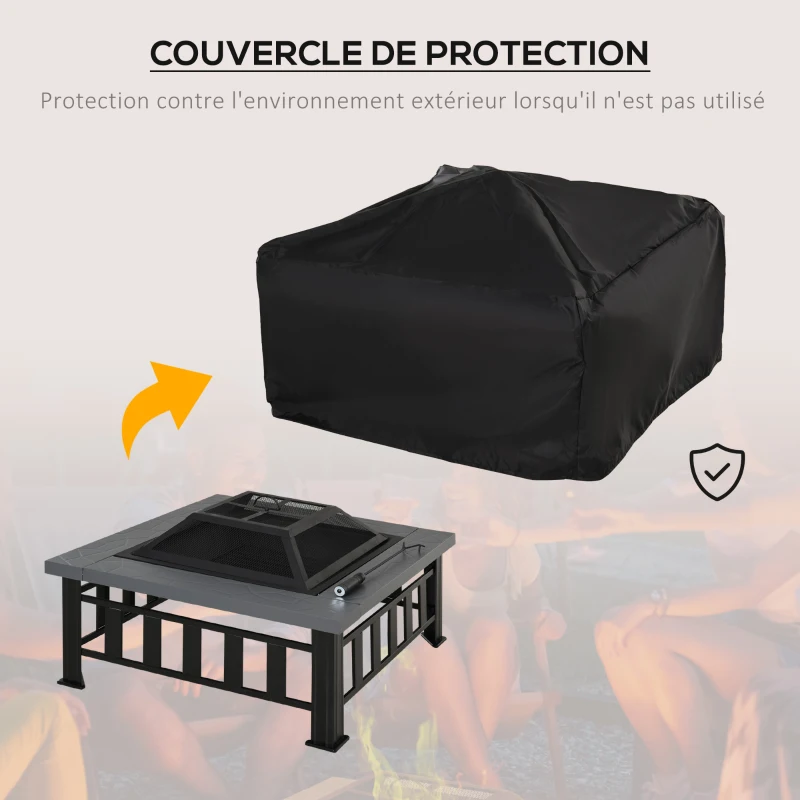 Outsunny Brasero Cheminée Grille à Charbon Couvercle Tisonnier Métal Noir + Etagère Porte Bois de Cheminée Porte-bûches Charge Max. 100 Kg Métal Noir