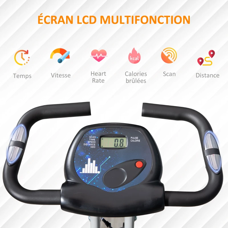 HOMCOM Vélo d'appartement pliable 8 niveaux de résistance magnétique dossier selle réglable écran LCD capteur fréquence cardiaque + Tapis de protection Fitness enroulable revêtement antidérapant PVC