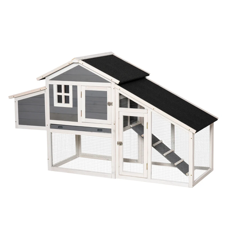 PawHut Poulailler cottage cage à poules surélevé dim. 176L x 65l x 100H cm multi-équipement toit bitumé noir bois sapin gris blanc