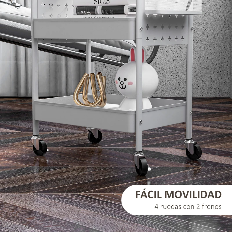 HOMCOM Carrito Auxiliar con Ruedas Carro de Almacenamiento con 3 Bandejas 2 Cestas Colgantes y 6 Ganchos 53,5x30,5x75 cm Blanco