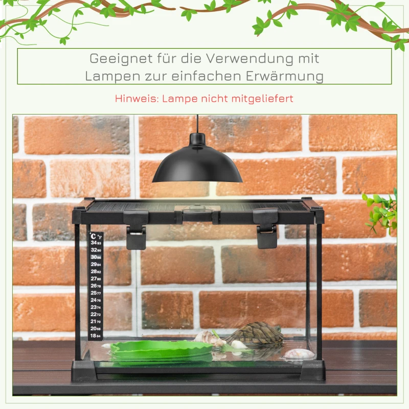 PawHut Skrzynia dla Gadów Terrarium, w zestawie Termometr w Paski, Klapki do Karmienia, 50 cm x 30 cm x 25 cm, Szkło + Metal, Czarny