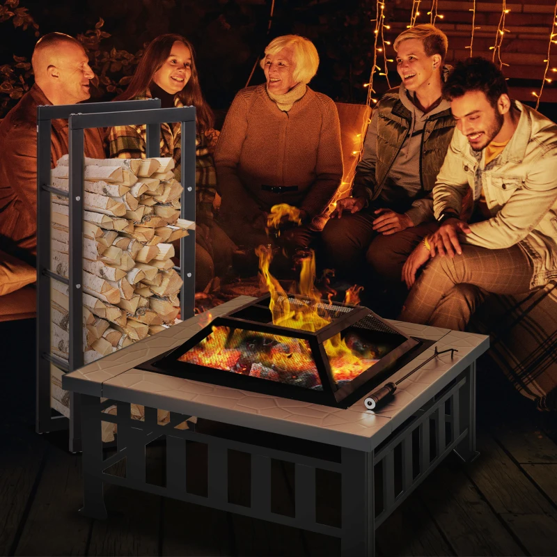 Outsunny Brasero Cheminée Grille à Charbon Couvercle Tisonnier Métal Noir + Etagère Porte Bois de Cheminée Porte-bûches Charge Max. 100 Kg Métal Noir