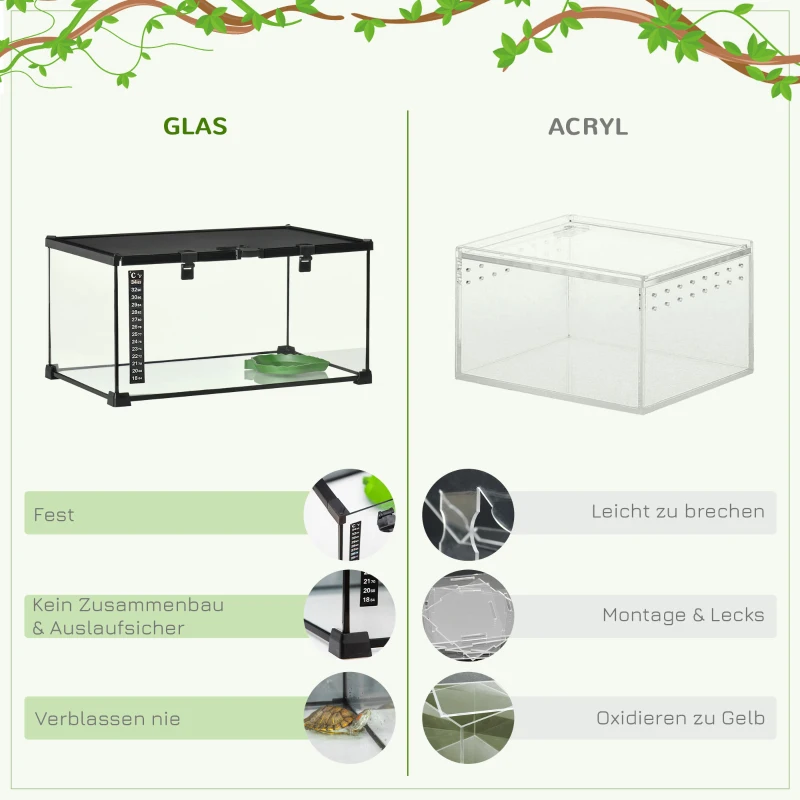 PawHut Skrzynia dla Gadów Terrarium, w zestawie Termometr w Paski, Klapki do Karmienia, 50 cm x 30 cm x 25 cm, Szkło + Metal, Czarny
