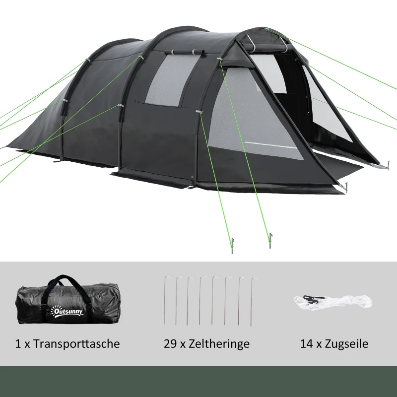 Outsunny Kampeertent Trekkingtent Tent, weerbestendig, 2 kamers,  475 x 264  cm breedte x 172, Zwart