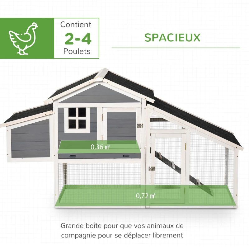 PawHut Poulailler cottage cage à poules surélevé dim. 176L x 65l x 100H cm multi-équipement toit bitumé noir bois sapin gris blanc