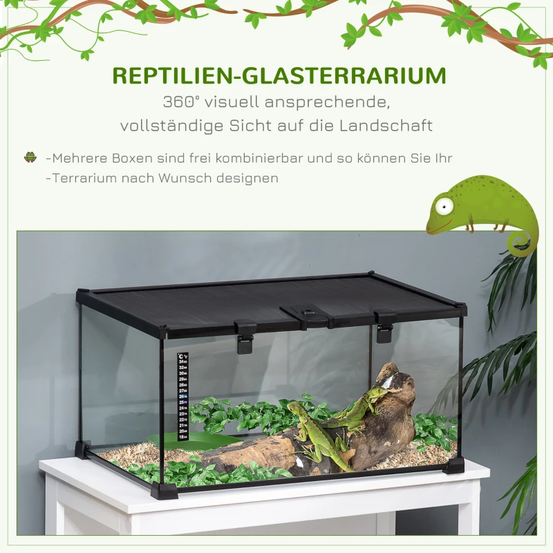 PawHut Skrzynia dla Gadów Terrarium, w zestawie Termometr w Paski, Klapki do Karmienia, 50 cm x 30 cm x 25 cm, Szkło + Metal, Czarny