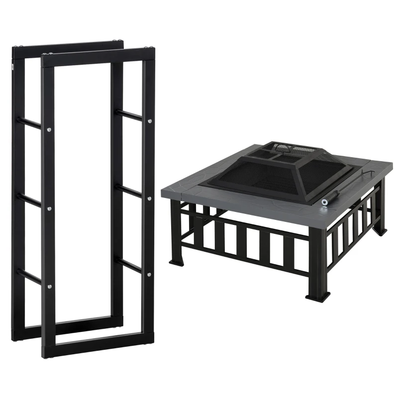 Outsunny Brasero Cheminée Grille à Charbon Couvercle Tisonnier Métal Noir + Etagère Porte Bois de Cheminée Porte-bûches Charge Max. 100 Kg Métal Noir