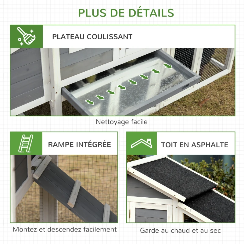 PawHut Poulailler cottage cage à poules surélevé dim. 176L x 65l x 100H cm multi-équipement toit bitumé noir bois sapin gris blanc