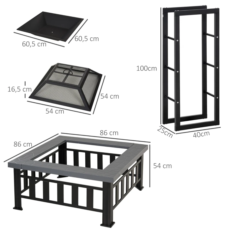 Outsunny Brasero Cheminée Grille à Charbon Couvercle Tisonnier Métal Noir + Etagère Porte Bois de Cheminée Porte-bûches Charge Max. 100 Kg Métal Noir