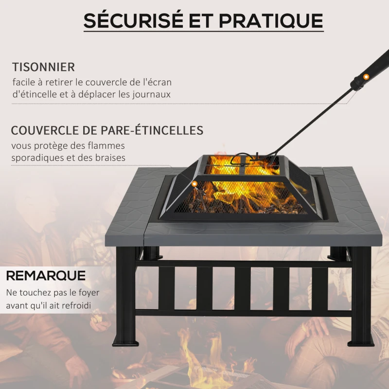 Outsunny Brasero Cheminée Grille à Charbon Couvercle Tisonnier Métal Noir + Etagère Porte Bois de Cheminée Porte-bûches Charge Max. 100 Kg Métal Noir