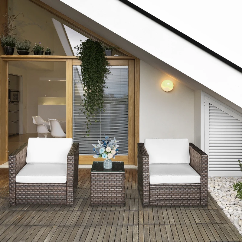 Outsunny Set Mobili da Giardino Rattan PE da 3 Pezzi, 2 Poltrone da Esterno, Tavolino e Cuscini, Marrone