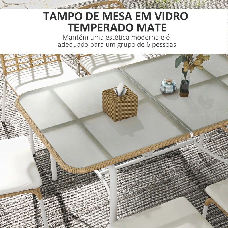 Outsunny Conjunto de Refeição de Vime Sintético Jogo de 7 Peças Inclui 6 Cadeiras Empilháveis com Almofadas e Mesa de Vidro Natural
