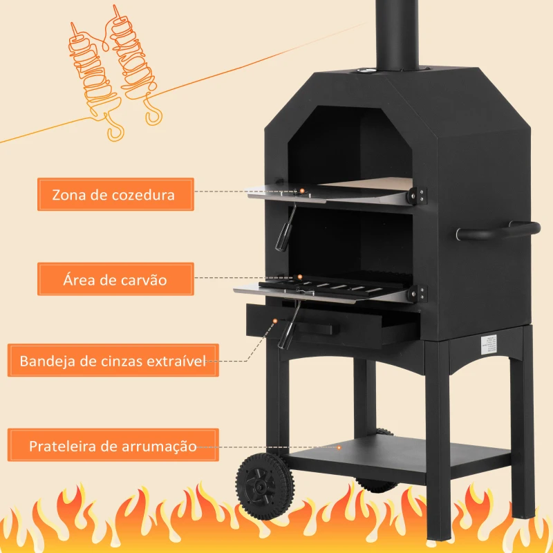 Outsunny Forno de Pizza Exterior com 2 Camadas Forno a Lenha com Rodas Gaveta Removível Prateleira para Jardim 64x54x160 cm Preto