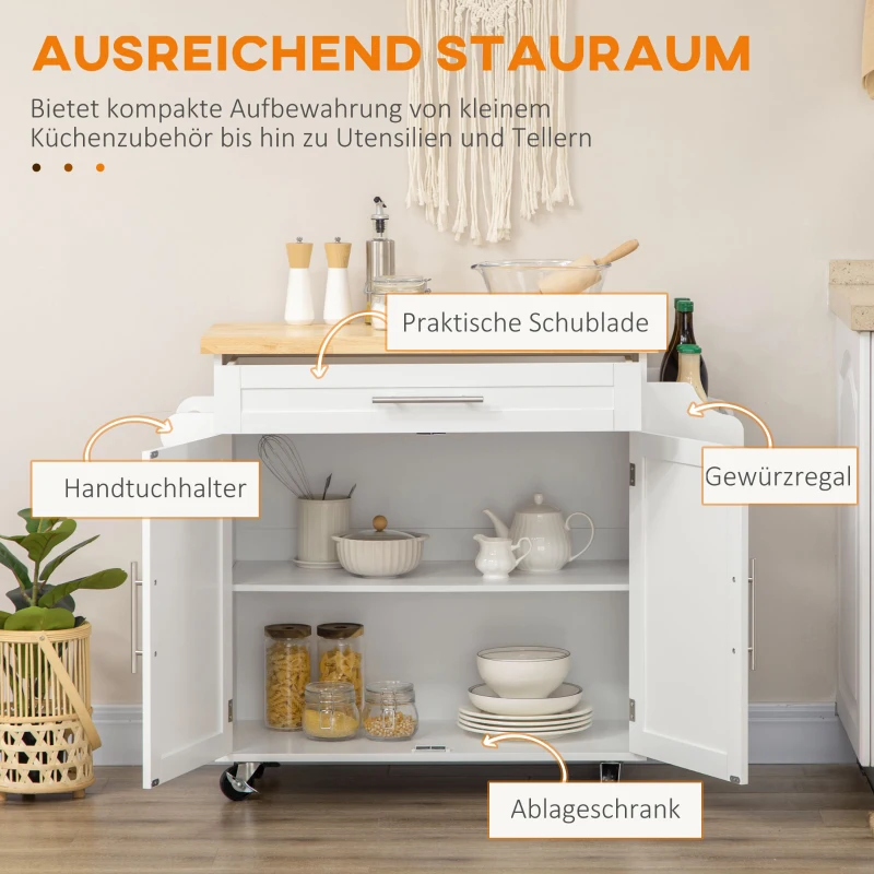 HOMCOM Keukentrolley Serveerwagen Keukeneiland, 1 Kruidenrek, 1 Handdoekhouder, 109 cm x 40 cm x 89 cm, Wit