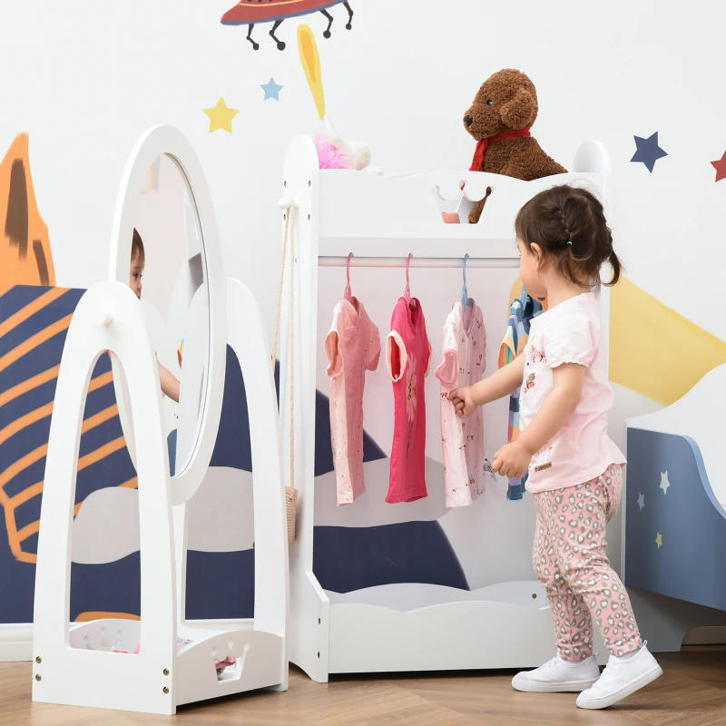HOMCOM Portant Enfant - penderie Enfant + Miroir à Pied Enfant Inclinaison réglable - Design Couronne - étagères de Rangement, patère - MDF pin Blanc