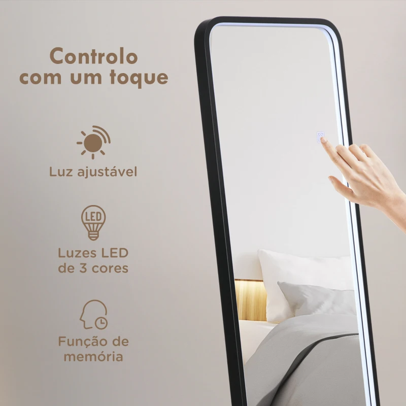 HOMCOM Espelho de Pé com Luzes LED Espelho de Corpo Inteiro 151,5x50 cm com Iluminação Ajustável e Função de Memória Preto