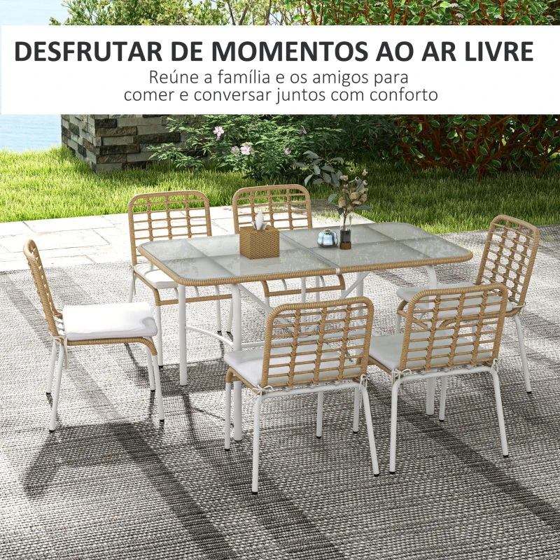 Outsunny Conjunto de Refeição de Vime Sintético Jogo de 7 Peças Inclui 6 Cadeiras Empilháveis com Almofadas e Mesa de Vidro Natural