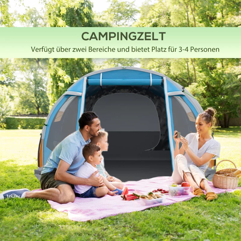 Outsunny Campingzelt Trekkingzelt Zelt, weerbestendig, 2 kamers, 475 x 264 cm Breedte x 172, Blau