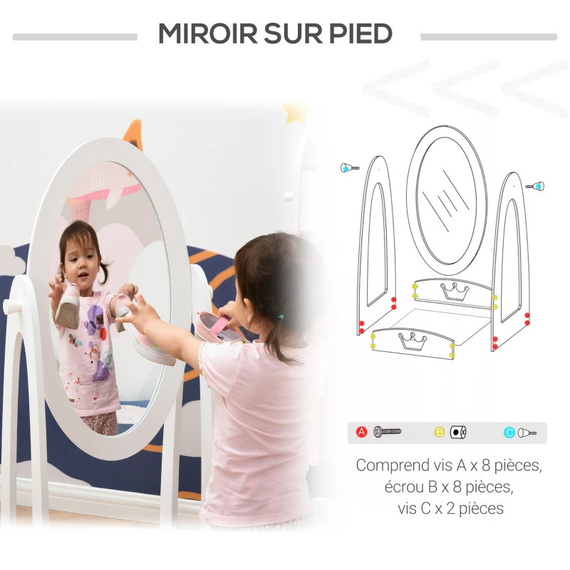 HOMCOM Portant Enfant - penderie Enfant + Miroir à Pied Enfant Inclinaison réglable - Design Couronne - étagères de Rangement, patère - MDF pin Blanc